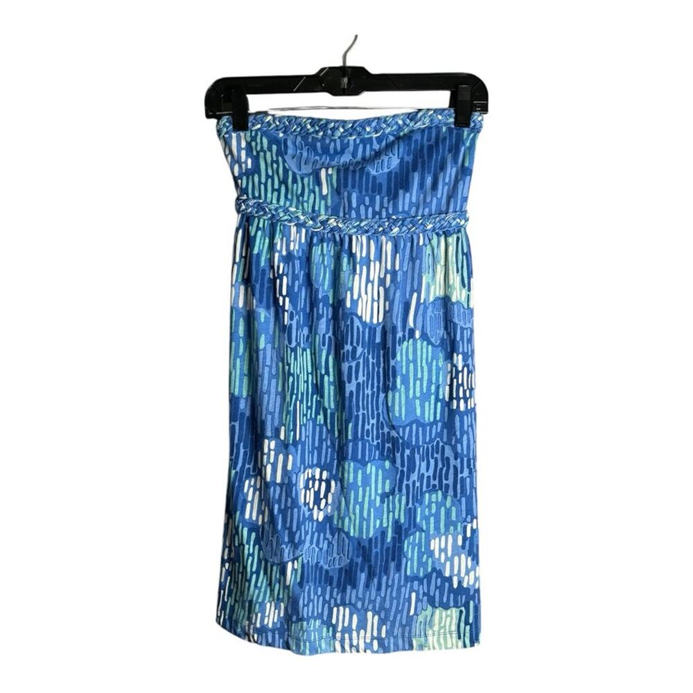 American Eagle Blue Printed Strapless Dress Braided Trim Medium